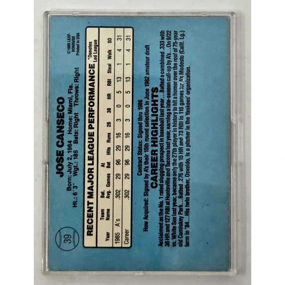1986 Donruss - Rated Rookie Jose Canseco #39 (RC)